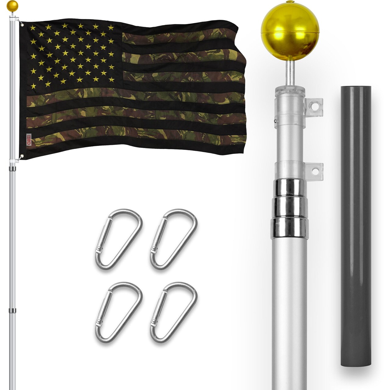 G128 Combo Pack: 16 Ft Telescoping Aluminum Flagpole (Silver) & American USA Camouflage Flag 3x5 Ft, ToughWeave Pro Series Embroidered 420D Polyester | Pole with Flag Included